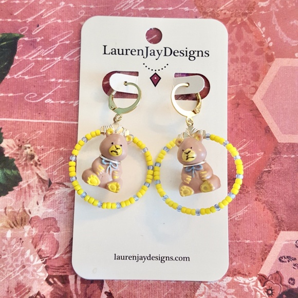 Teddy's Wonderland Yellow and Blue Beaded Gold Hoop Dangle Earrings - Picture 1 of 5